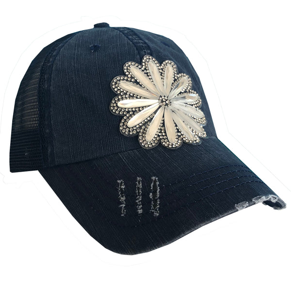 Vintage Crystal Flower Mesh Cap